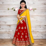 Embroidered cotton silk lehenga choli dress with net dupatta, short sleeves, for kids 0-15 years, Indian traditional attire on display