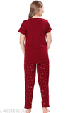 Maroon hosiery cotton printed pyjama set, short sleeves, machine washable women's nightwear