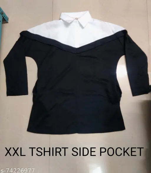 Colorblocked cotton long-sleeved top, fancy designer women's wear from India, size XXL with 44" bust and 20" length