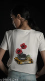 White lycra women's Radio Buds & Blooms tee by Eksdee, premium Indian craftsmanship with unique designs and a cruelty-free approach