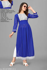 Georgette embroidered kurti in solid blur fabric, three-quarter sleeves, Indian ethnic wear for women