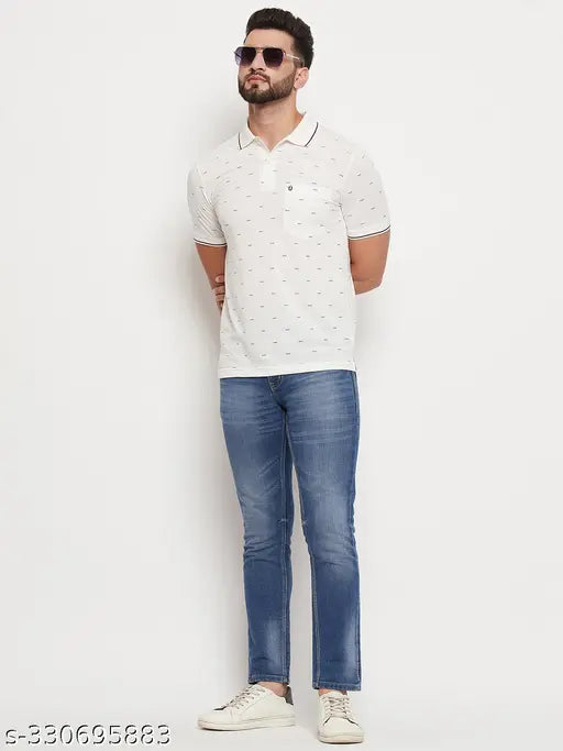 Blue cotton blend UNIBERRY men's printed polo t-shirt with half sleeves