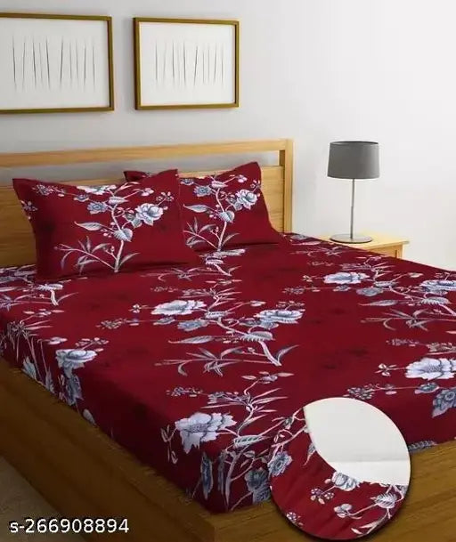 Legacy 100 Cotton Blend Floral Printed Double King Size Bedsheet with Elastic Fitted Pillow Cover (72*78+10in) & (18x28) - Summer-ready, machine washable bedding