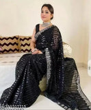 Designer georgette sequin saree with embroidered net blouse, solid pattern and free size, India origin