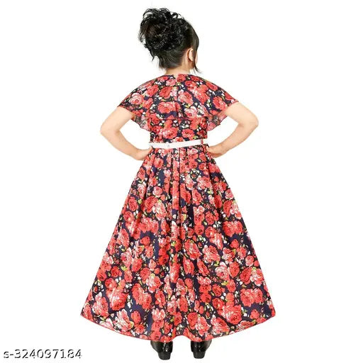 Trendy Girls printed net cotton blend gown dress for kids, long silhouette, short sleeves, 6-7 years size, India origin