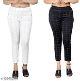 Trendy white-and-black striped cotton blend check pant combo for girls, stylish and comfortable, size options include 28in/38in and 30in/38in
