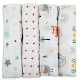 Organic Cotton Muslin Swaddle Wrapper (Star-Plus-Fox-Rainbow), 100cm x 100cm set of 4 - Premium, breathable, soft, and anti-allergic baby towel/blanket for newborns