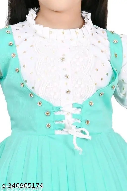 Green embroidered net kids' cotton party dress, three-quarter sleeves, knee length