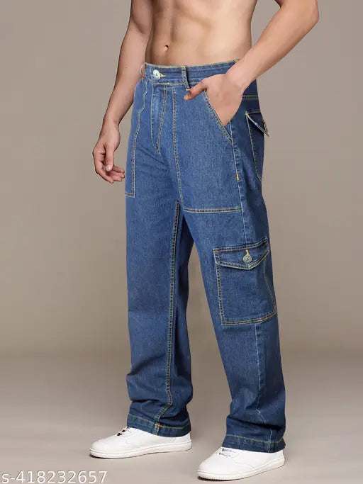 Black cotton-blend men's baggy jeans with dark blue color, comfortable fit for everyday style. India origin