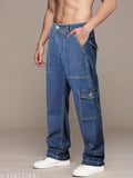 Black cotton-blend men's baggy jeans with dark blue color, comfortable fit for everyday style. India origin