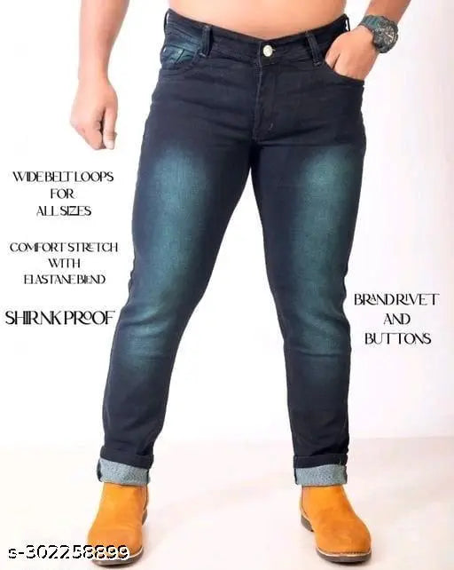 Stretchable denim jeans for men, dyed/washed fit-regular style with sizes ranging from 28in waist to 40in length. Example shown in a 32in waist, 40in length size