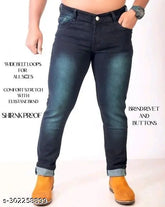 Stretchable denim jeans for men, dyed/washed fit-regular style with sizes ranging from 28in waist to 40in length. Example shown in a 32in waist, 40in length size