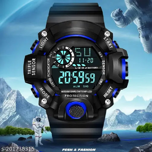 Mens digital waterproof sports watch, black PU strap with rubber finish, 5ATM water resistance, outdoor, multifunction, black dial, quartz movement, round case shape, classic design, great for sport, casual, fashion, and party-wear