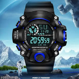 Mens digital waterproof sports watch, black PU strap with rubber finish, 5ATM water resistance, outdoor, multifunction, black dial, quartz movement, round case shape, classic design, great for sport, casual, fashion, and party-wear