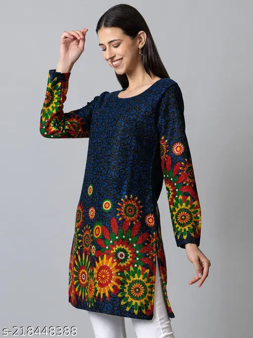 Long sleeve printed wool A-line kurta for women, vibrant Indian fashion in soft hues