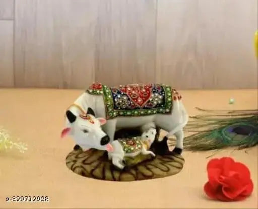 Marble Kamdhenu Cow & Calf Statue with Diamond Embellishments - Handcrafted Indian Decor