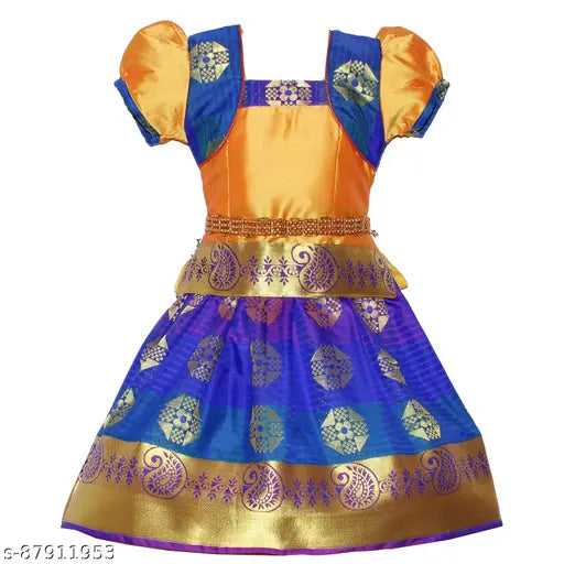 Cotton-silk Ponni Pattu Lehengha Choli with waist belt for 4-5 year old girls, floral design in traditional Indian style