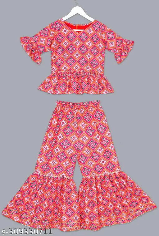 Cotton blend sharara crop top & crepe dupatta sharara dress for girl in various sizes, ideal for festive occasions like Diwali, Eid, and Christmas. Made in India