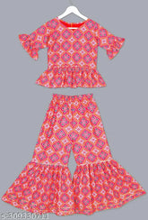 Cotton blend sharara crop top & crepe sharara dress for girls, dyed/washed, Indian festive wear