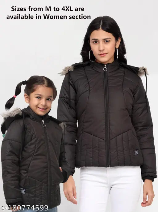 Black fur parka for girls winter wear, Vero Amore full sleeve solid polyester jacket, sizes 4-12 years