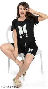 Black BTS print nightsuit set, hoisery cotton top and bottom, short sleeves, 9-16 years sizes available