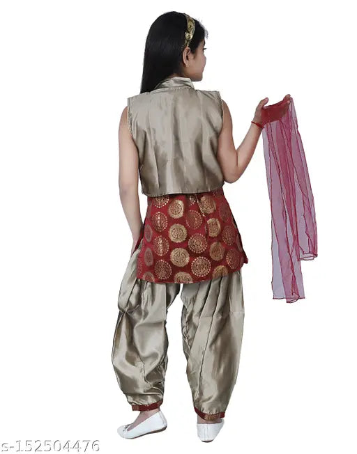 Silk Patiala set for girls, embellished kurta and net dupatta, India-made, 3-10 years sizes available