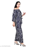 Navy Blue Women's Off-Shoulder Jumpsuit with Zebra Print - Poly Crepe Fabric, Pack of 1, Full sleeves, two pockets