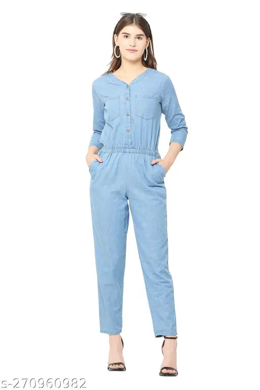 Stylish solid denim jumpsuit for women, three-quarter sleeves, denim fabric, Indian origin