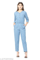 Stylish solid denim jumpsuit for women, three-quarter sleeves, denim fabric, Indian origin