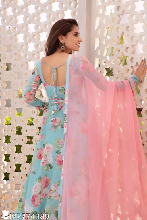 Georgette floral printed women's gown with dupatta, Indian-origin ethnic wear for festivals & everyday style