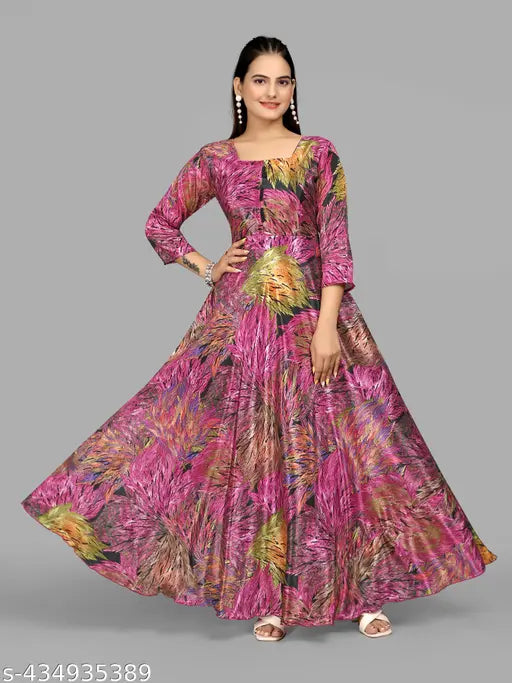 Digital Floral Print Anarkali Gown, floor length, poly silk, long sleeves, vibrant Indian design