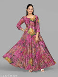 Digital Floral Print Anarkali Gown, floor length, poly silk, long sleeves, vibrant Indian design