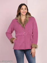 Pink velvet winter coat jacket, long sleeves, fur collar and sleeves, Dimpy Garments brand, machine washable