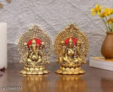 Metal Ganesh Laxmi idols on lotus flower set, Indian decor for Vastu, home, office gifting. Size: L-B-H 11x8x15 cm (2 pieces)