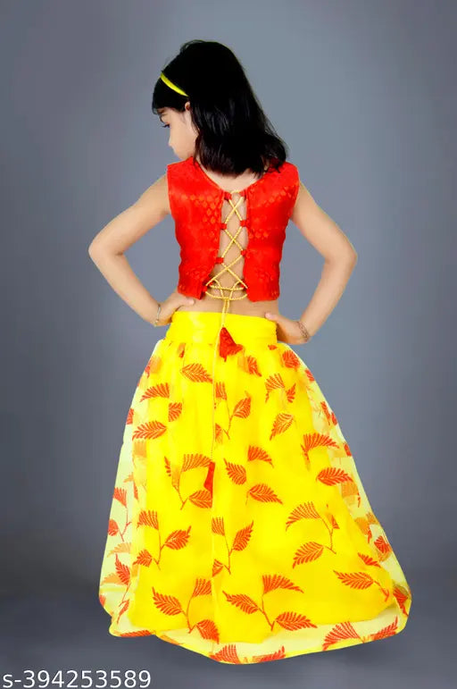 Cotton blend kids' Lehena Choli with net dupatta, vibrant block stitch design, available in sizes 6-12 months to 9-10 years