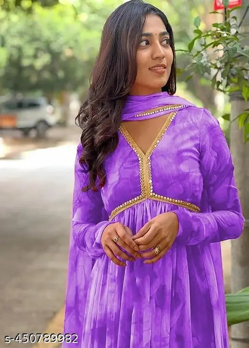 Georgette festive full-length flared kurta set with dupatta for women, Indian ethnic wear