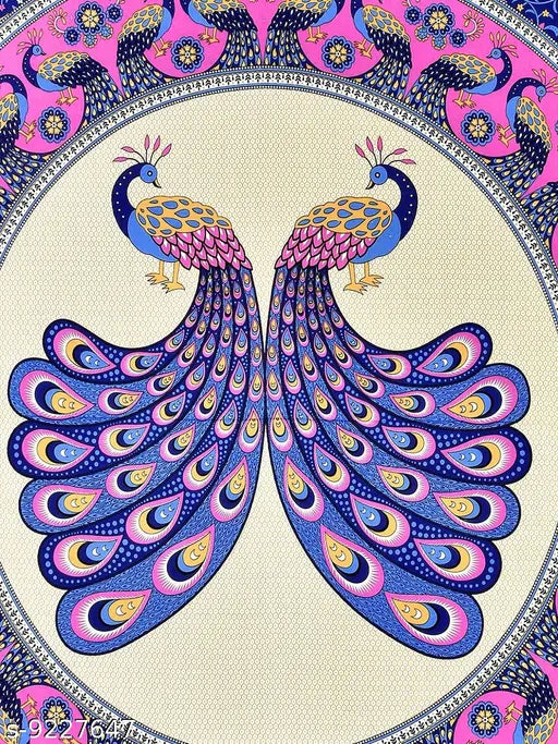 Blue peacock printed cotton double bedsheet with 2 pillow covers, Indian origin