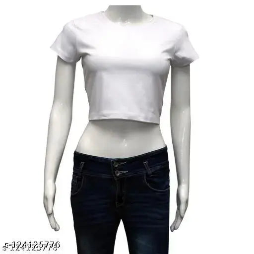 White cotton crop top with short sleeves, comfortable and versatile for casual wear paired with jeans, shorts, or pants. Made in India