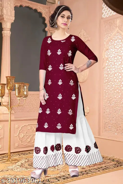 Maroon rayon A-line kurti with white sharara set, three-quarter sleeves, round neck, embroidered pattern - Traditional Indian festive wear for women