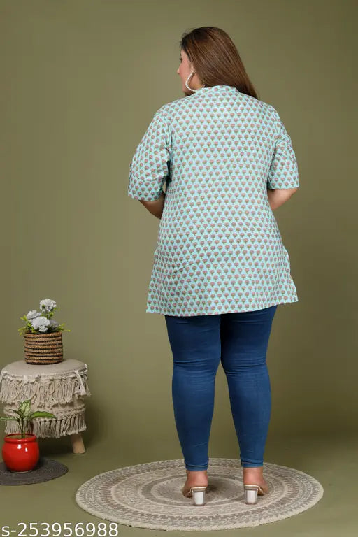 Comfy cotton plus size retro tunics with three-quarter sleeves and printed patterns, great for women's fashion