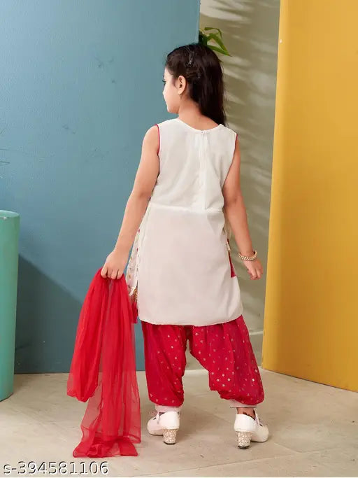 White Georgette Embroidered Kurta Set with Dupatta for Girls, Indian ethnic motif design, sleeveless, suitable for 4-10 years