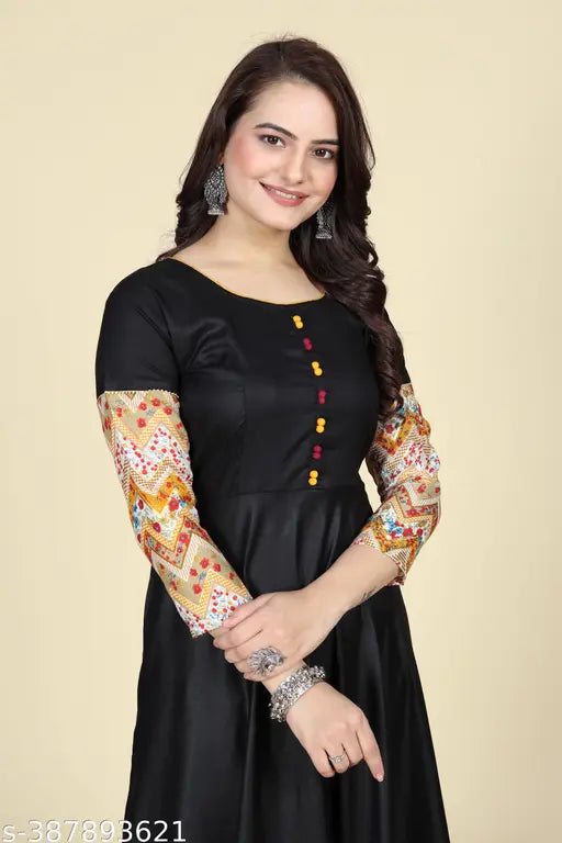 Solid black rayon Anarkali kurti with potli design, three-quarter sleeves - Indian traditional dress for office or occasion wear