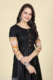Solid black rayon Anarkali kurti with potli design, three-quarter sleeves - Indian traditional dress for office or occasion wear