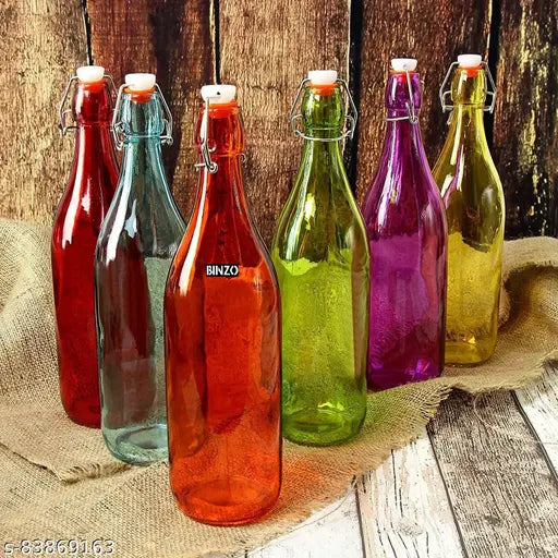 Colorful 1000ml glass water bottles set of 4 (for fridge storage, beverages, smoothies, soda & milk) - ideal for events, picnics, or gifting