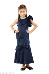 Polyester sleeveless Western gown dress for 8-9 years, solid net with flower handwork, great for parties and occasions