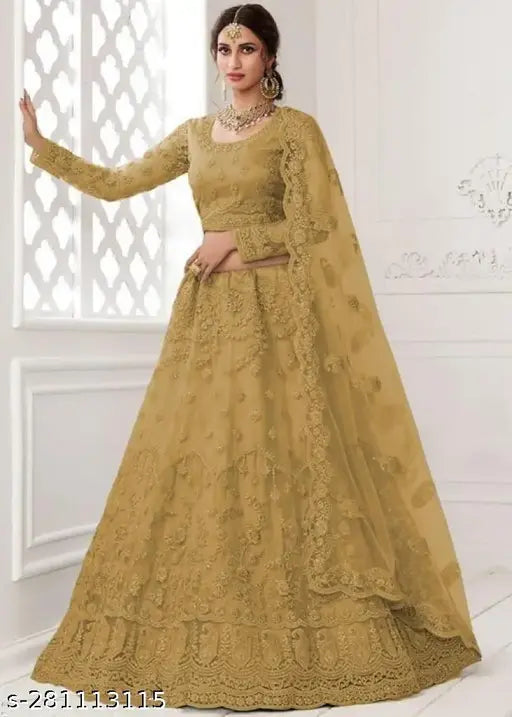 Embroidered net bridal lehenga choli set, free size with 42m waist and 44m length. Traditional Indian designer dupatta included