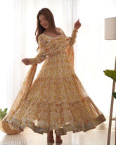 Yellow Anarkali set with flair, heavy pure soft fox georgette zigzag print, long sleeves, padded, side zipper, three layer gathering bottom canvas patta, matching dupatta with border triangle lace work and shawl style dupatta width 28 inch, for Haldi ceremony from Meesho