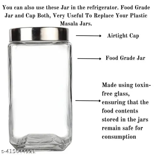 Transparent cube glass jar with silver lid for kitchen storage, ideal for pickles, dry fruits, masala, grains, groceries. High-quality airtight design, perfect for organizing kitchen essentials