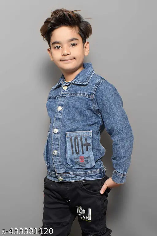 Blue denim kids' jacket, long sleeves, suitable for summer and winter seasons, solid design, made in India