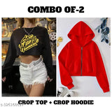 Cotton solid color crop sweatshirt & hoodie combo, comfortable fit for women in various colors and sizes, India origin